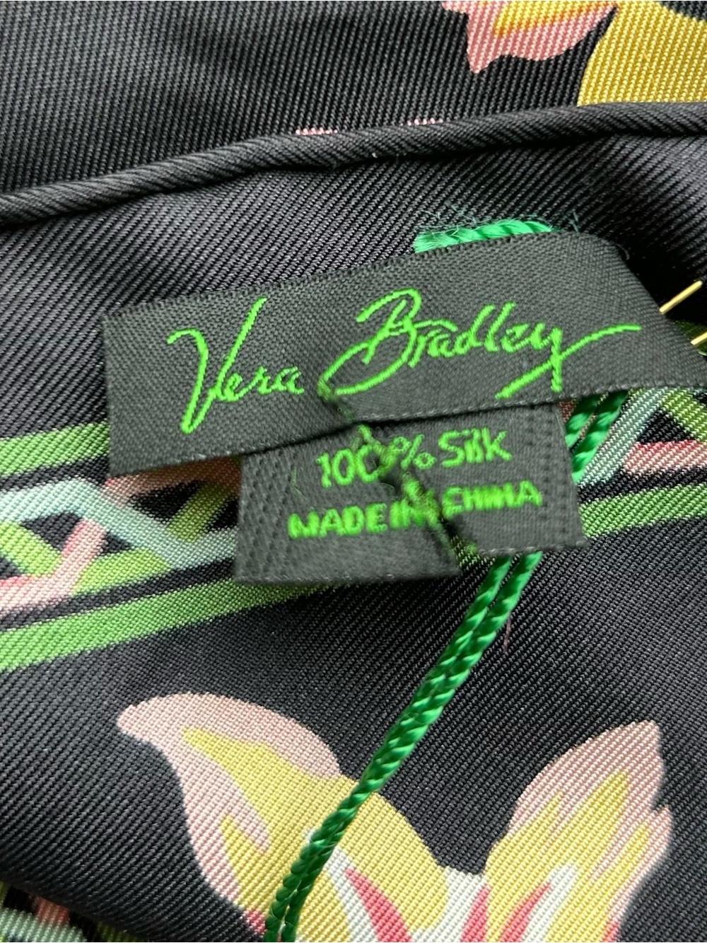 NEW Vera Bradley Black Silk Square Scarf Floral Botanical Print Pink Teal Green - Picture 3 of 5
